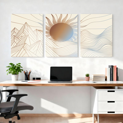 Geometric Mountain Sun And Wave Pattern Canvas Wrapped Wall Art Oil Painting Print Set Of 3