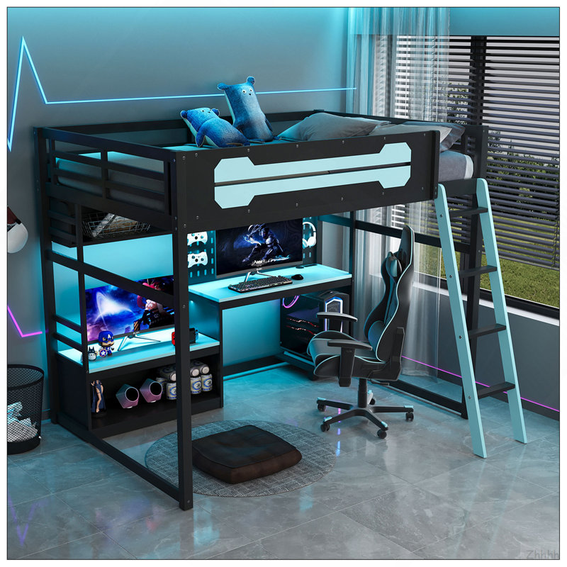 Lit mezzanine double en bois avec bureau, tablettes, lumières DEL, ports USB et panneau perforé, noir et bleu, Noir + bleu