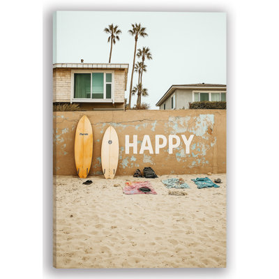 Beach Wall 'HAPPY' with Surfboards – Coastal Canvas Wall Art