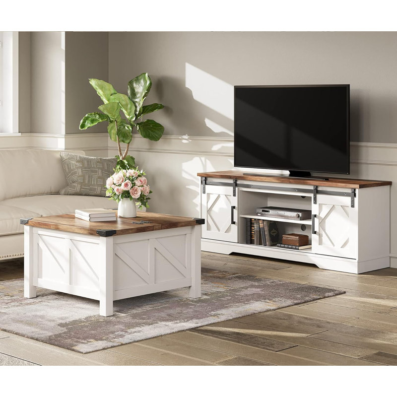 Ensemble de salon de ferme, meuble télé avec porte de grange coulissante avec rangement caché, table basse carrée en bois avec comptoir à bascule à gaz, blanc cassé