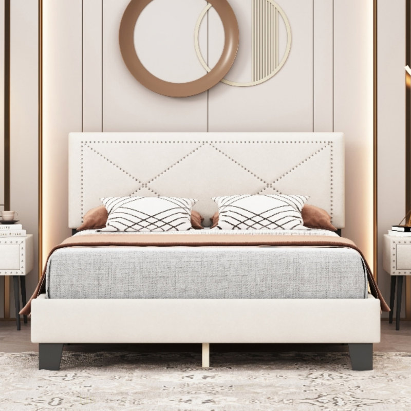 Structure de lit simple tapissier simple avec motif de rivets, lit plateforme moderne en velours avec tête de lit, Beige