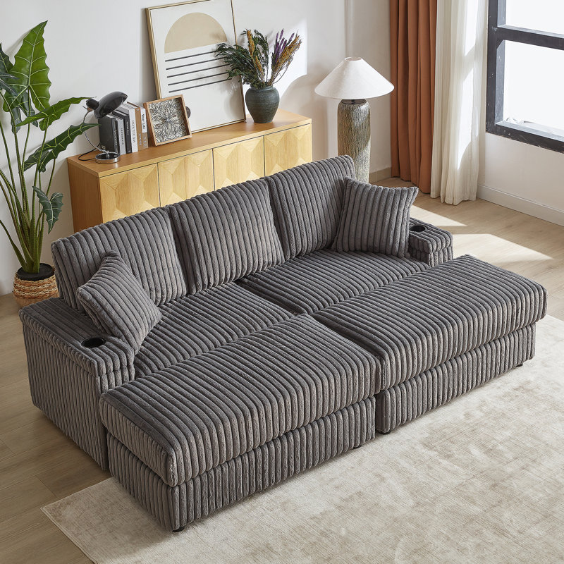 CanapÃ©-lit de 84 po en 4 piÃ¨ces avec 2 coussins dÃ©coratifs et 2 poufs avec rangement, Gris