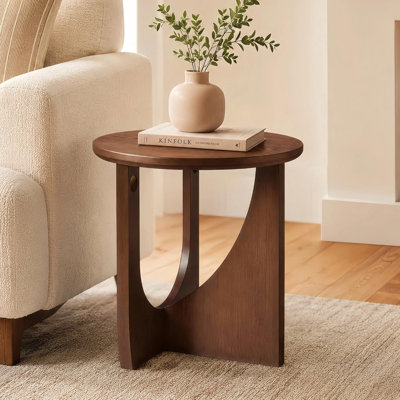 19.7" Round 100% Solid Wood End Table with U-Shaped Base, Walnut