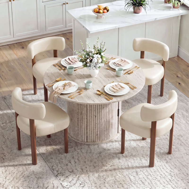 Ensemble de table de salle à manger moderne extensible pour 4 à 6 personnes avec rangement caché, Blanc, Beige