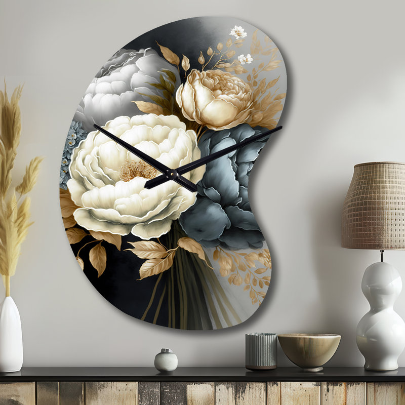 Horloge murale blanche, bleue et grise pivoine III - forme unique pivoines en métal, horloge murale blanche, Petit