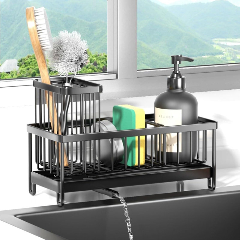 Stainless Steel Kitchen Sink Caddy Organizer With Draining Tray, Rustproof Sponge Holder For Sink, Adjustable Compartments, Space-Saving Design