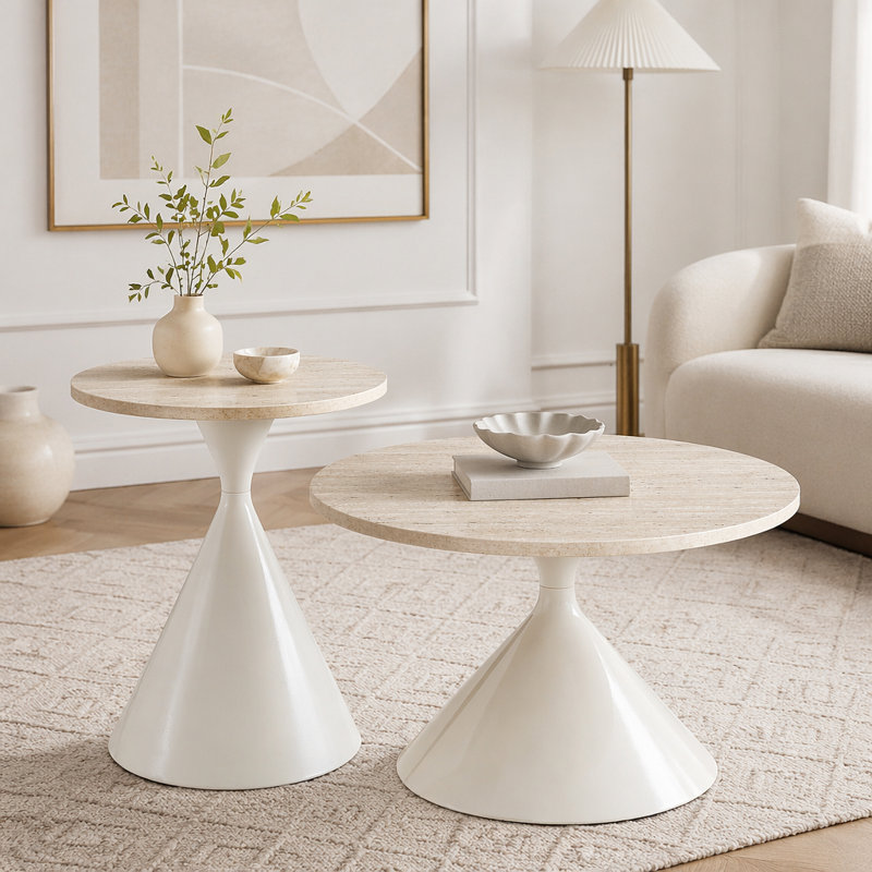Ensemble de 2 tables basses rondes, plateau de table à motif noir avec base en acier, Blanc / Blanc