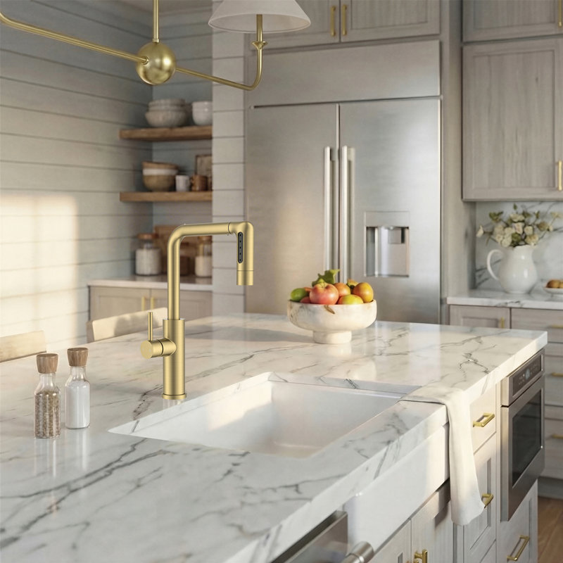 Waterfall Kitchen Faucet With Pull Down Sprayer, Brushed Gold