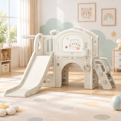 Aire de jeu intérieure 11 en 1 pour tout-petits, toboggan pour enfants de 1 à 3 ans, ensemble de jeu pour tout-petits avec planche à dessin et brosse, jeu d'anneaux, panier de basketball, but de soccer et rangement