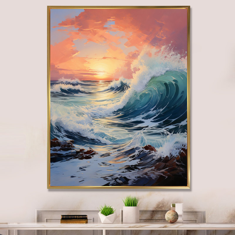 Orange, bleu sarcelle, vagues côtières II - impression, H 20 po x l 12 po x P 1 po, Cadre flottant doré