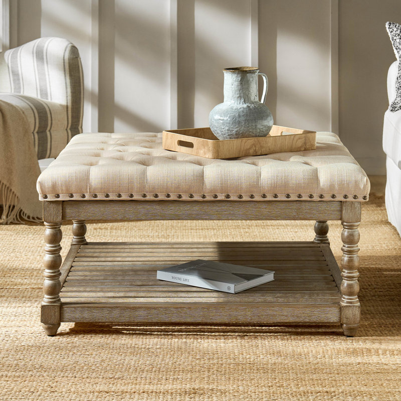Terren 33.25"W Tufted Square Cocktail Ottoman with Storage Shelf, Linen