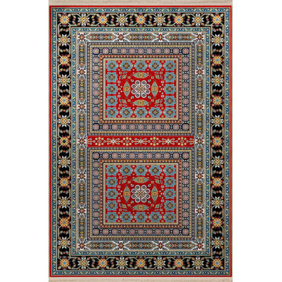 Machine Washable Ethnic Patterned Blue and Red Traditional Creative Vintage Decorative Area Rug