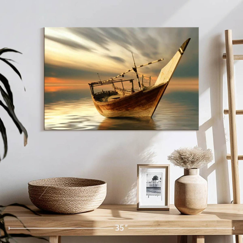 Bateau Mehar au coucher du soleil, H 16 po x l 24 po