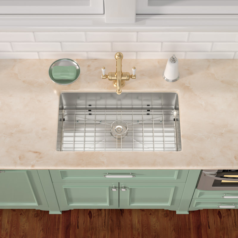 Undermount Kitchen Sink 16G Single Basin Kitchen Sink with Basket Strainer and Bottom Grid, Brushed Nickel