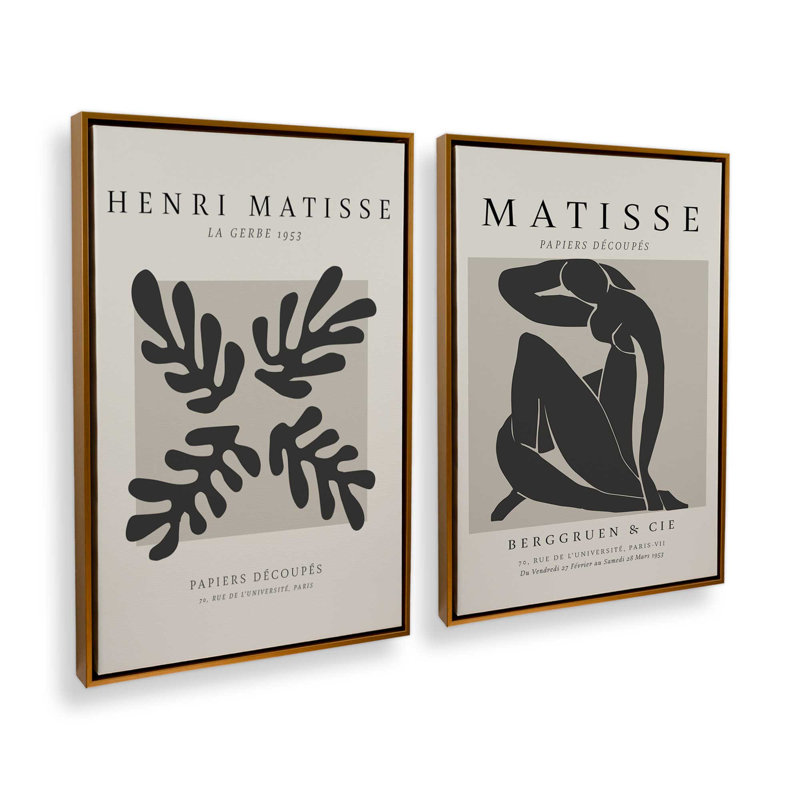 Ensemble de 2 Matisse Nus Noir et La Gerbe, Cadre flottant or poli, H 31 po x l 42 po