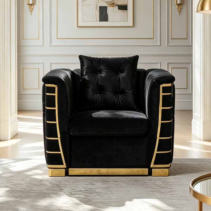 Ensemble de canapé Chesterfield convertible 3 pièces en velours avec fauteuils, Noir