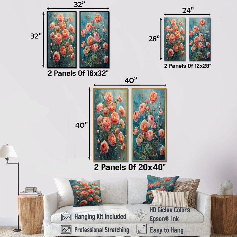 Rose et bleu printemps Symphonie Ranunculus I - ensemble d'art mural 2 pièces Renoncule, Ne s’applique pas, H 28 po x l 24 po