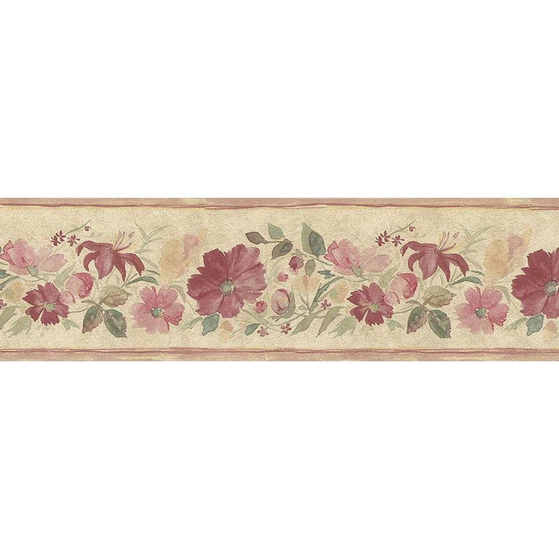 Bordure de papier peint L 15 pi x l 3,5 po Flowers Leaves, Rose / vert / beige / jaune