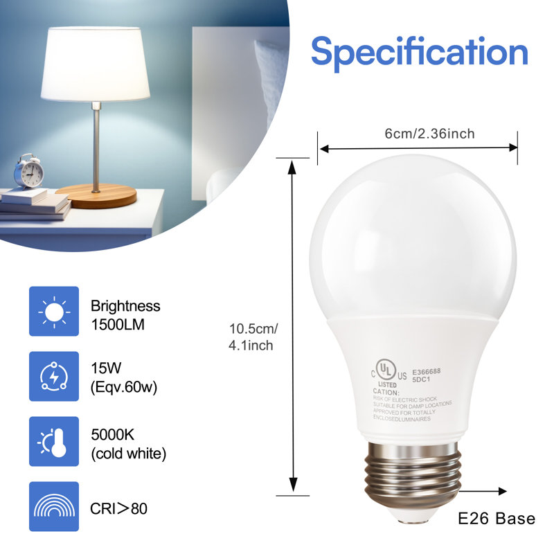 Ampoule à DEL A19 de 100 watts en forme d'ampoule standard non réglable à intensité variable blanc doux 2700k (paquet de 24)