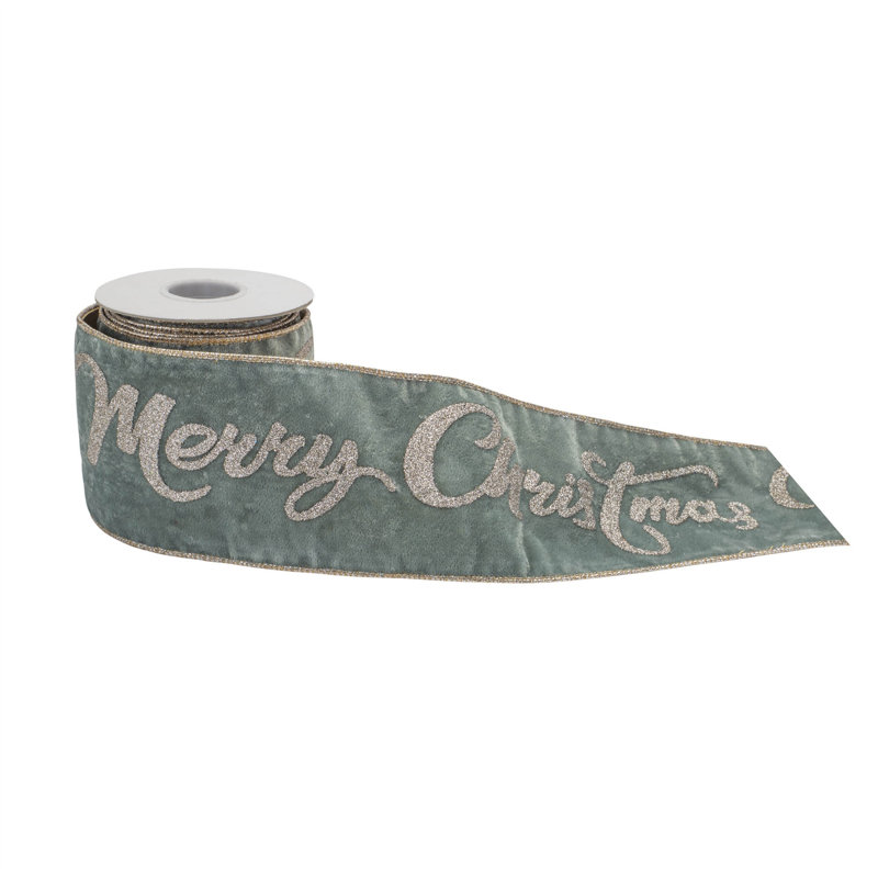 Ruban filaire 4 "vert et or scintillant Merry Christmas
