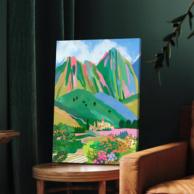 1 PC, art mural, affiche, paysage de montagne vibrant, art mural coloré, paysage de montagne, peinture abstraite moderne, décor de maison pour le salon, chambre à coucher, bureau, œuvre bohémienne avec champs floraux et conception d'églises