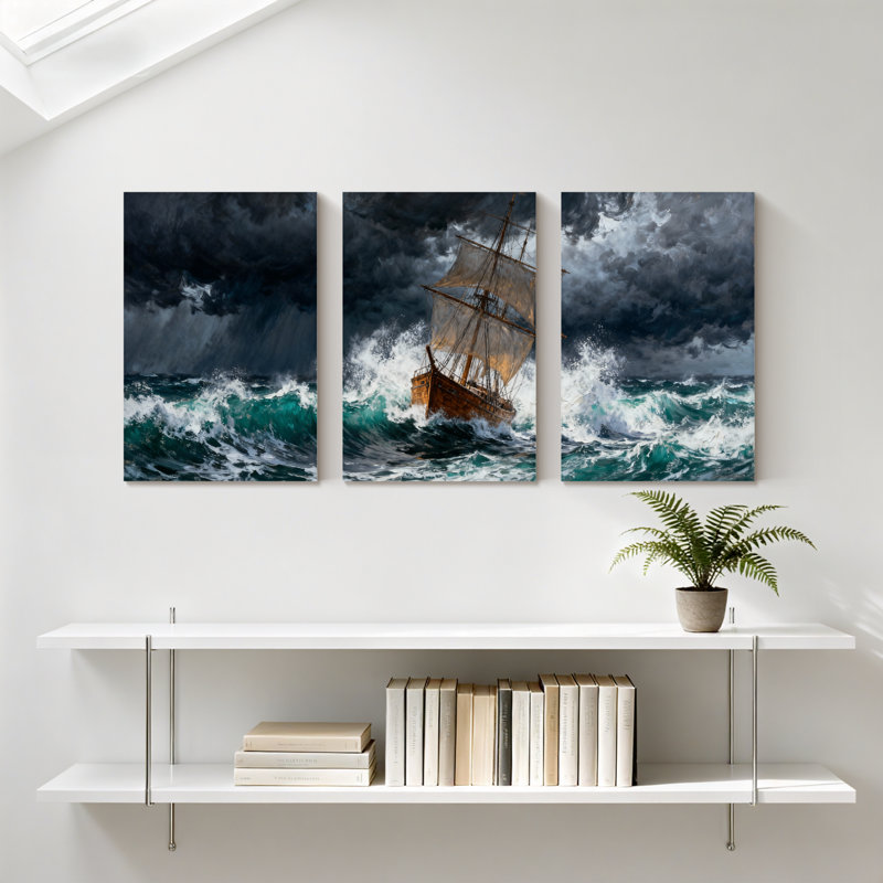 «Nautical Stormy Sea Ship Waves Dark Sky», ensemble de 3 impressions sur toile, H 18 po x l 36 po