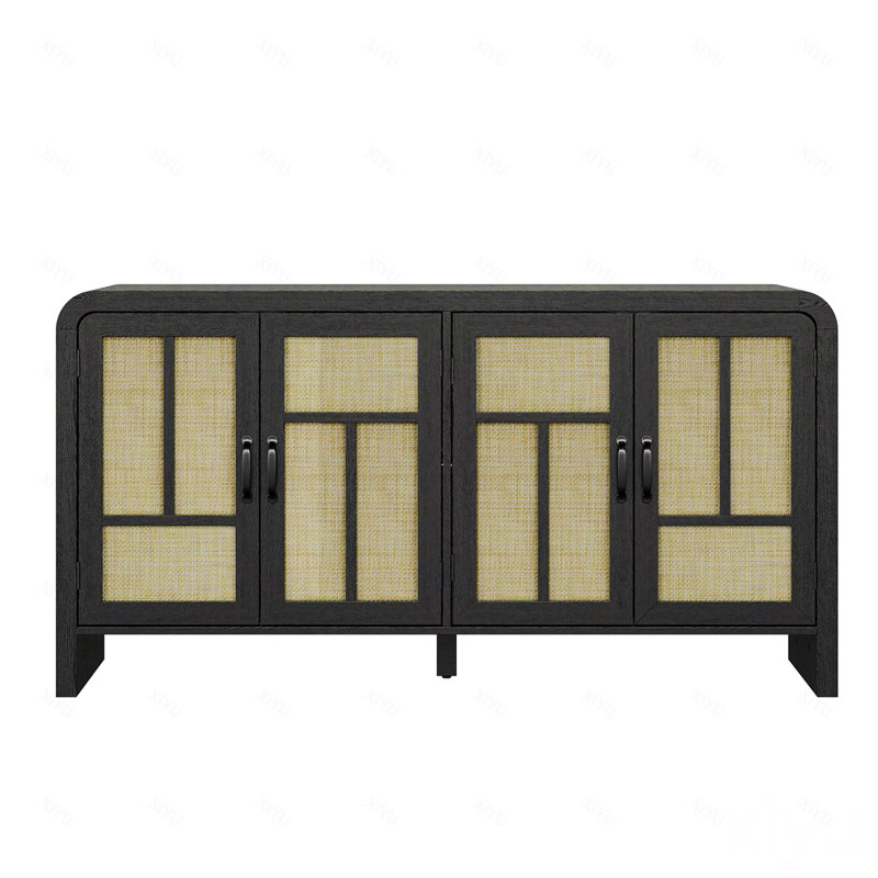Buffet en rotin avec rangement, grande armoire de rangement Boho de 59 po avec 4 portes et tablettes réglables, console en bois noir pour la cuisine, le vestibule, la salle à manger et le salon