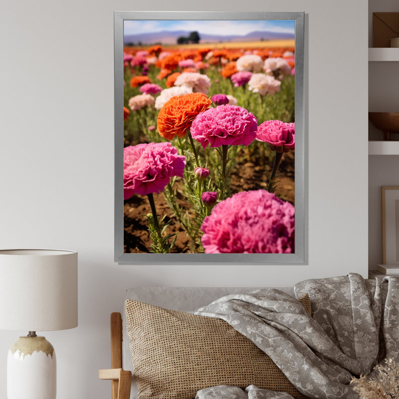 Rose, blanc, orange, œillets, art mural sur toile, H 20 po x l 12 po x P 1 po, Cadre photo argenté
