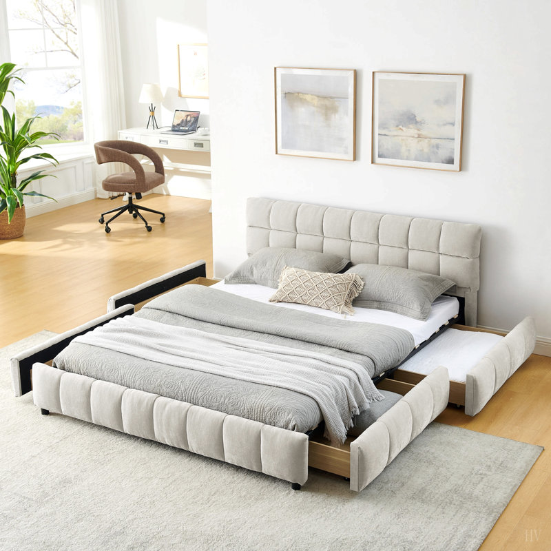 Lit tapissier, base de lit tapissier confortable, tissu chenille, avec tête de lit et base de lit solide. Avec tiroir pour le rangement - beige (88,5 po x 68,5 po x 31 po)
