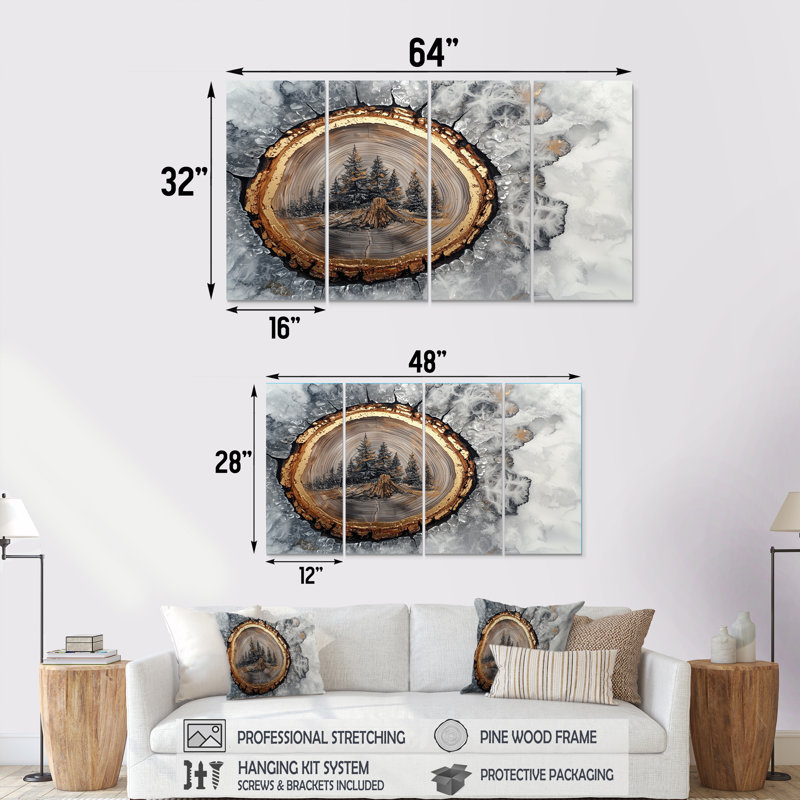 Anamaria - Art mural forêt - art mural traditionnel pour le salon, 4 pièces, H 32 po x l 64 po