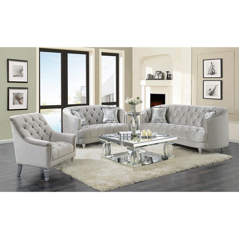 Avonlea Gray Velvet Tufted 3-Piece Living Room Set
