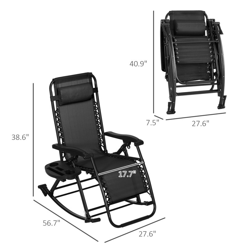 2 chaises berçantes d'extérieur pliables inclinables Zero Gravity Lounge avec taie d'oreiller et support pour téléphone, noir