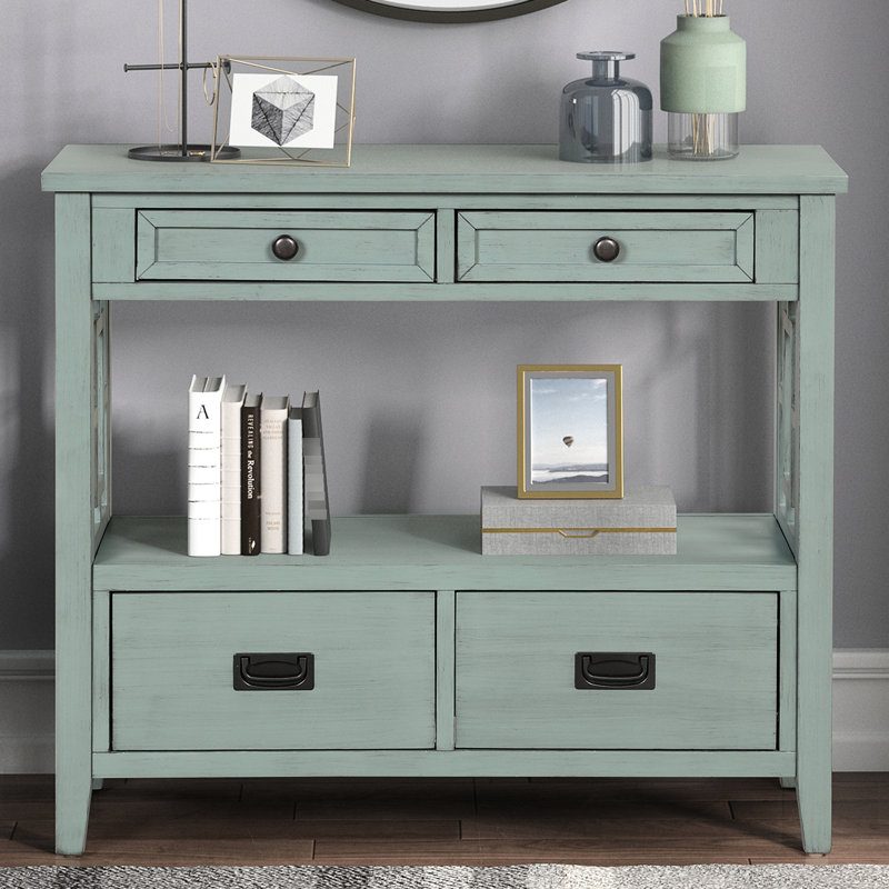 Console Style en bleu rétro. 4 tiroirs et 1 tablette de rangement. Surface de vie en bois de pin massif avec tablette 36 po, chambre bleue, couloir