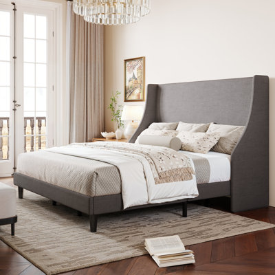 Bowdoin Modern Linen Upholstered Wingback Platform Bed with Wooden Slats