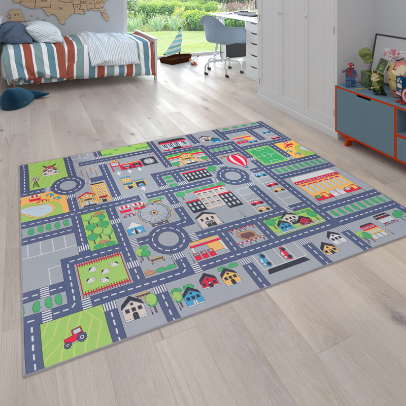 Garet Kids Street Design Power Loom Grey/Green/Yellow Rug, Rectangle 240 x 340cm