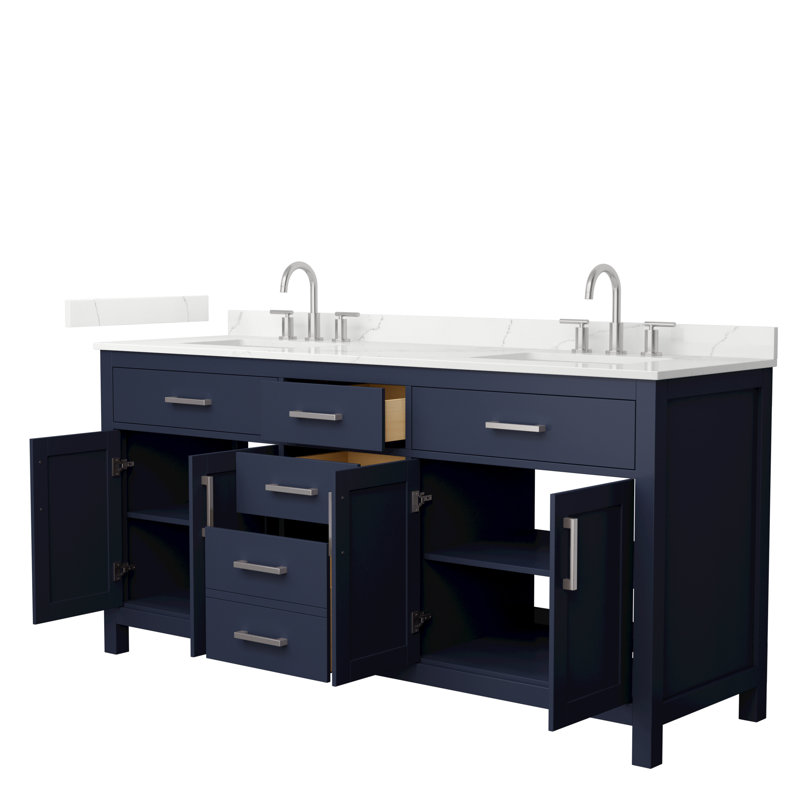Beckett 72" Freestanding Double Bathroom Vanity with Quartz Top, Brushed Nickel, Giotto Quartz, Dark Blue