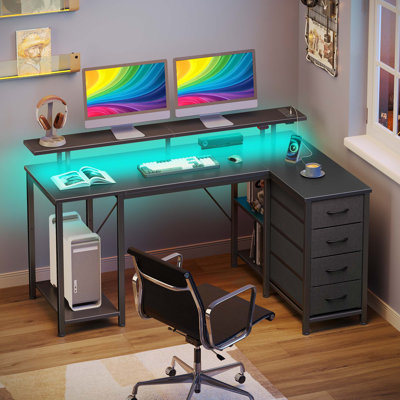 L Shaped Desk with Monitor Stand and Drawers, Gaming Desk with RGB LED Lights &Power Outlets