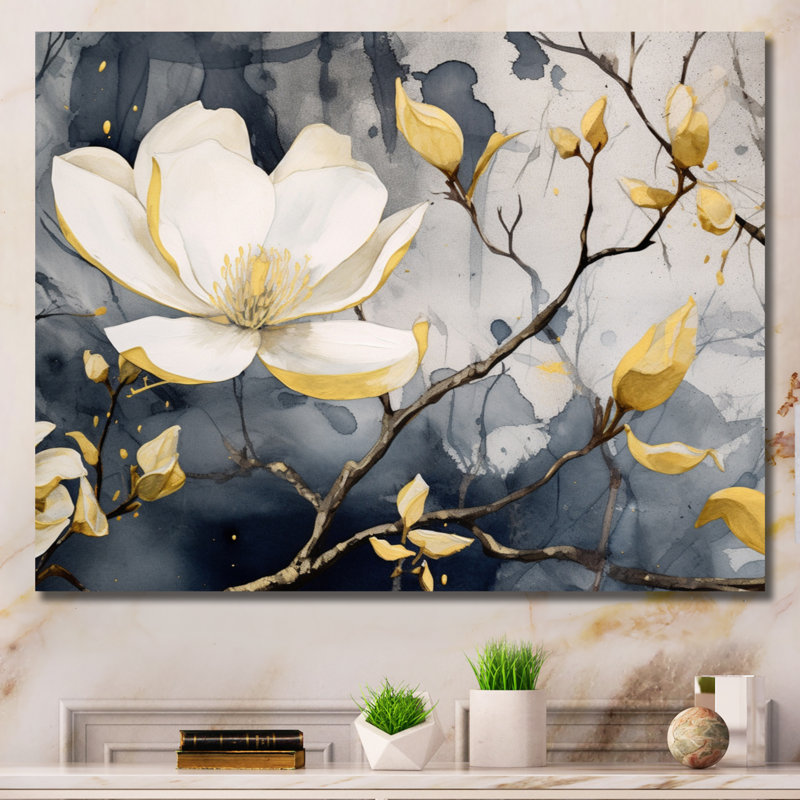 Jaune jaune, gris, magnolia, nature, élégance III - art mural sur toile florale, H 24 po x l 32 po x P 1 po, Toile tendue