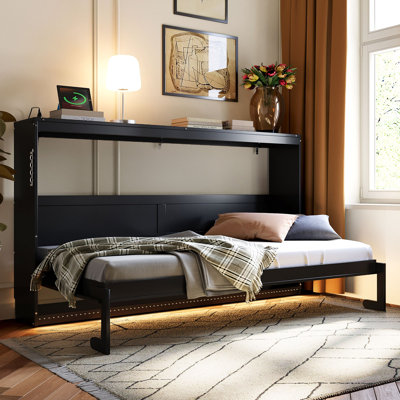 Modern Side-Folding Murphy Bed With Trendy Printed Pattern, LED Under-Bed Lighting & Built-In USB Outlet – Space-Saving Design
