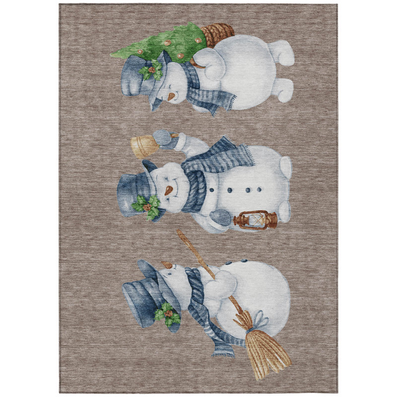 Machine Washable Indoor/Outdoor Christmas Snowman Xhevrie Taupe Rug, Rectangle 10' x 14'