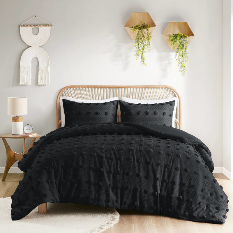 3 Pcs Black Full/Queen Clip Duvet Cover With Microfiber Reverse And Inner Ties For Insert - , Reverse, Button Closure