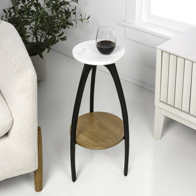 Ollie 24.5" Metal Tripod Drink Table and Decorative End Table with White Marble Round Top and Wood Undershelf/Natural