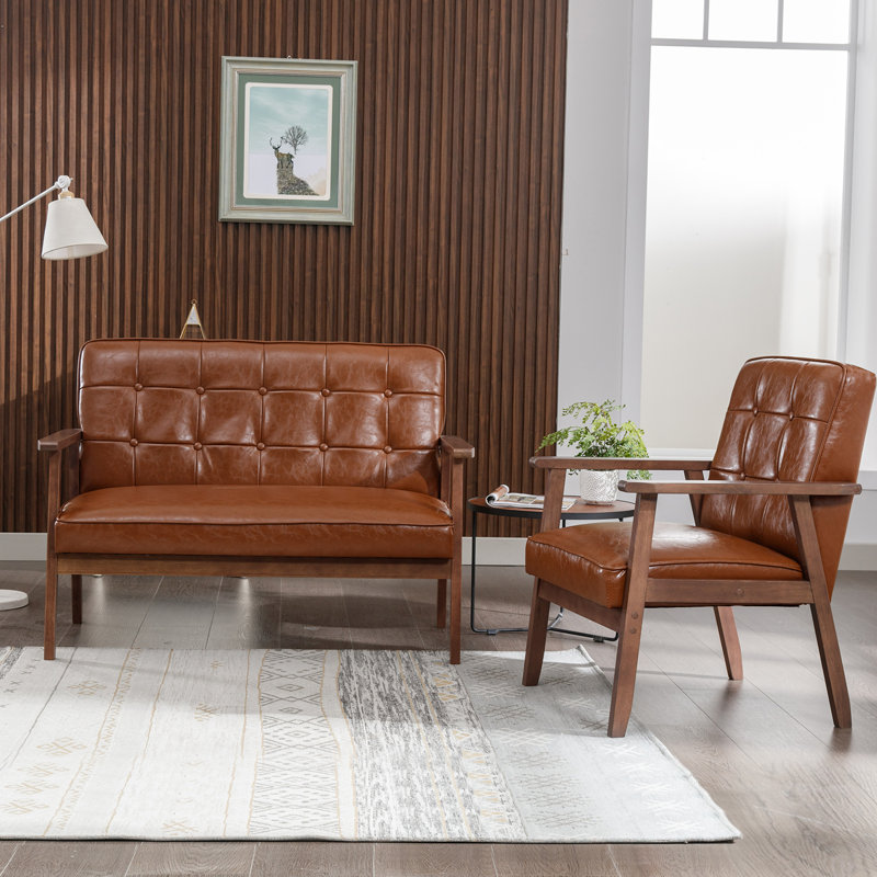 Judeth 2-Piece Tufted Upholstered Wood Frame Loveseat And Arm Accent Chair Set, Brown Faux Leather