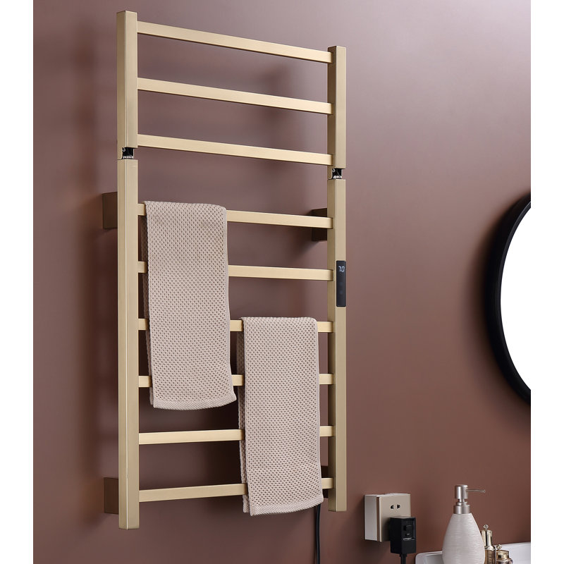 Towel Warmer Bathroom Top Fold 9 Bars Heated Towel Rack Timer Temperature Adjustable, Brushed Gold