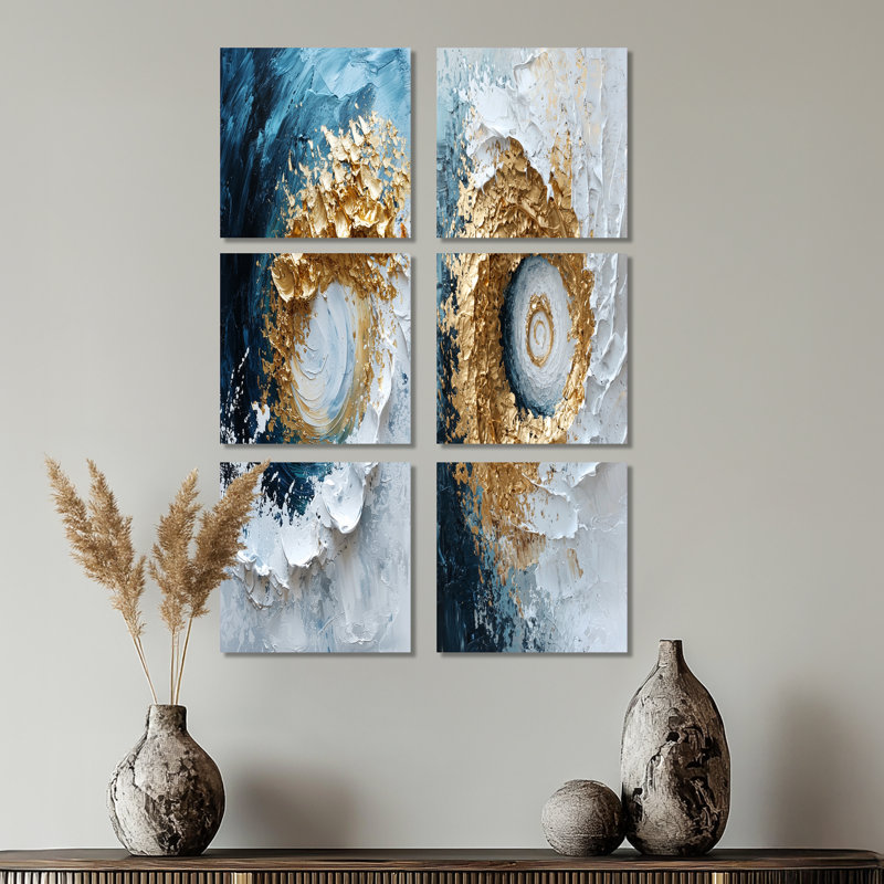 Encre bleue et dorée, tornade - ensemble de 6 spirales abstraites, Toile tendue, Ne s’applique pas