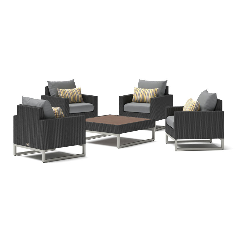 Atie Espresso 5 Piece Sunbrella Outdoor Club Chair Conversation Set - Charcoal Gray, Gray