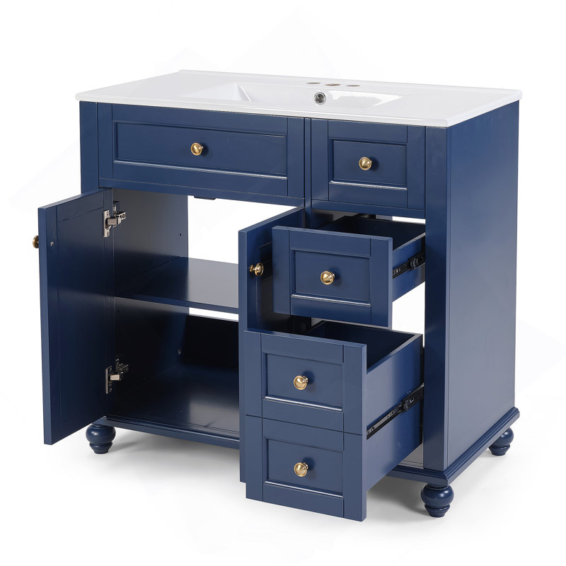 Meuble-lavabo avec lavabo, meuble-lavabo à structure en bois avec tiroirs à fermeture en douceur, Bleu