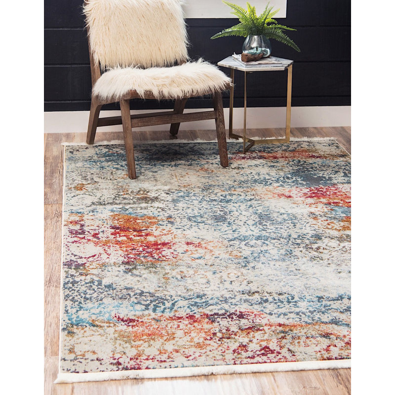 Bleu oriental/crème Tapis décoratif, Rectangle 5 pi 5 po x 8 pi