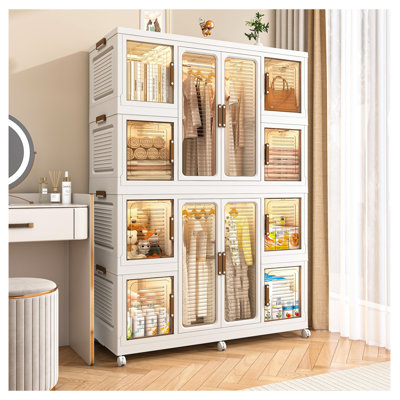 Organisateur de rangement portatif pour garde-robe pour vêtements, commode, 12 portes magnétiques - 12 cubes et 2 tringles, 16 cintres, armoire de rangement pour garde-robe pour bébé, blanc