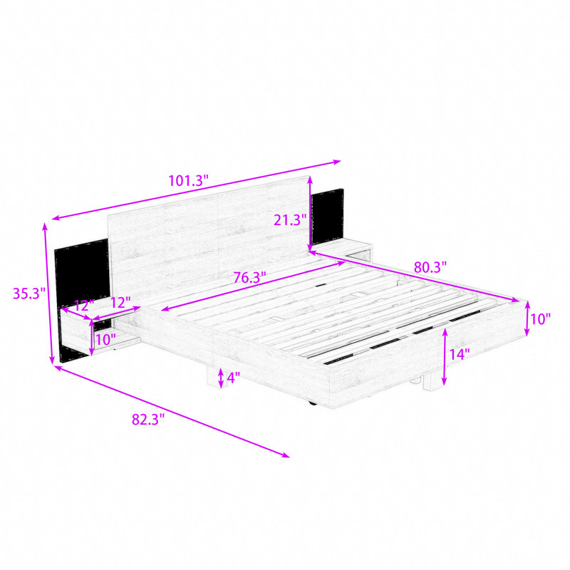 Wood Floating Platform Bed with LED Lights and Built-in Nightstands, King, White
